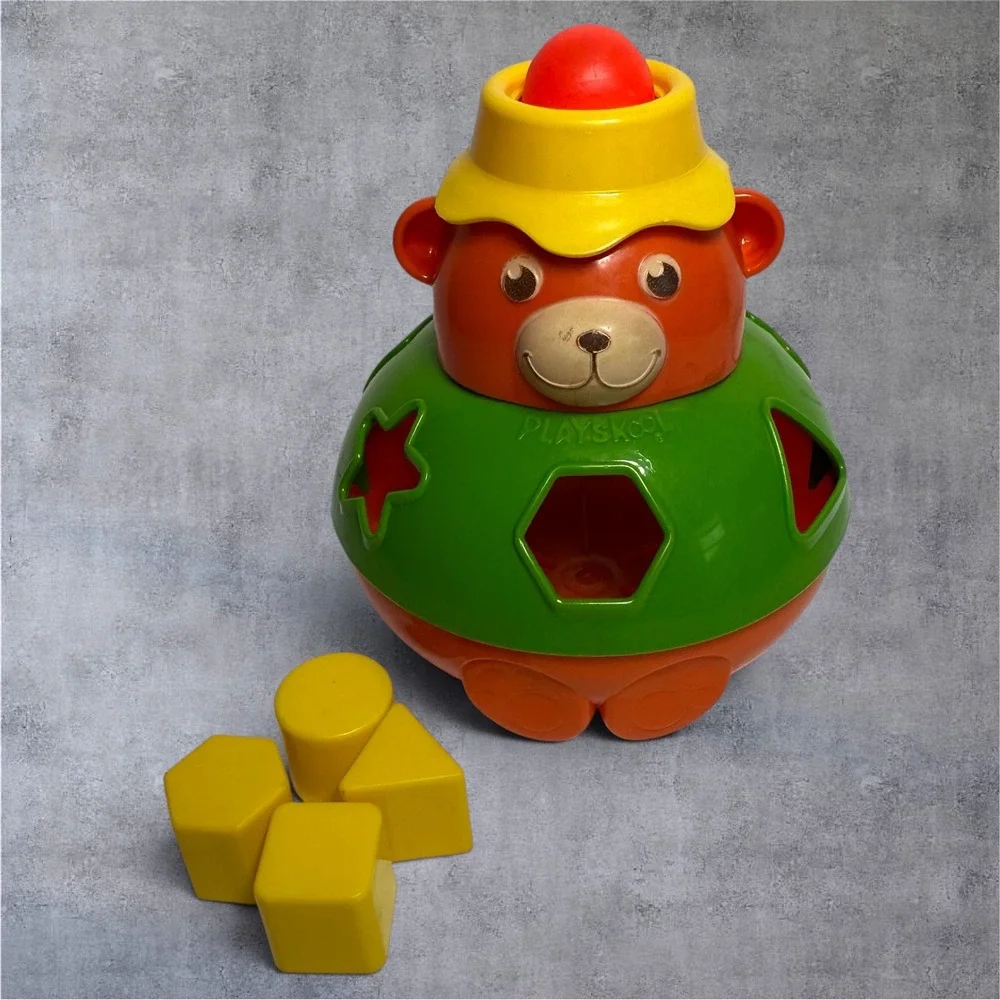Vintage Playskool Bear Shape Sorter Wobble Toy Roly Poly 4‎ Shapes Squeaks
